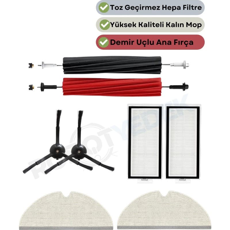 robotyedek Roborock Q8 Max, Q8 Max Plus ( Q8 MAX PRO DEĞİL!) Siyah Uyumlu Yedek Fırça Hepa Filtre Mop Seti-7 Parça - En Uygun Fiyatlarla Piinti'de