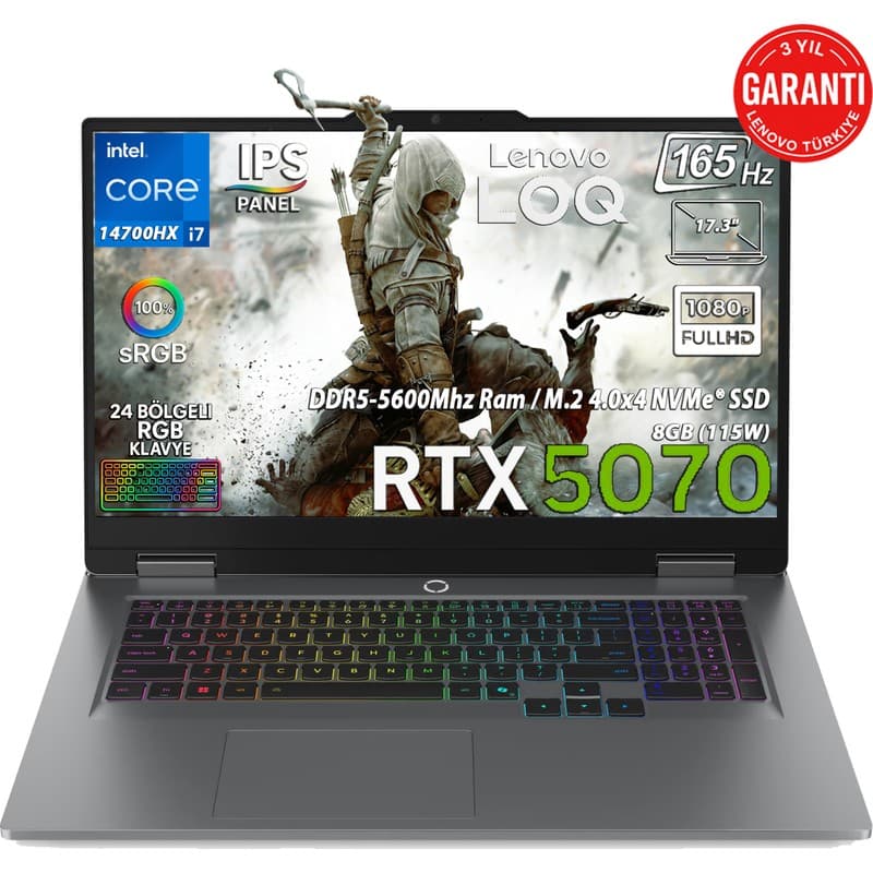 Lenovo LOQ 17IRX10 Intel Core I7-14700HX 32GB 1TB SSD Geforce RTX 5070 8GB (115W) 17.3" FHD IPS Panel 165Hz Freedos Taşınabilir Bilgisayar 83JH00BCTR - En Uygun Fiyatlarla Piinti'de