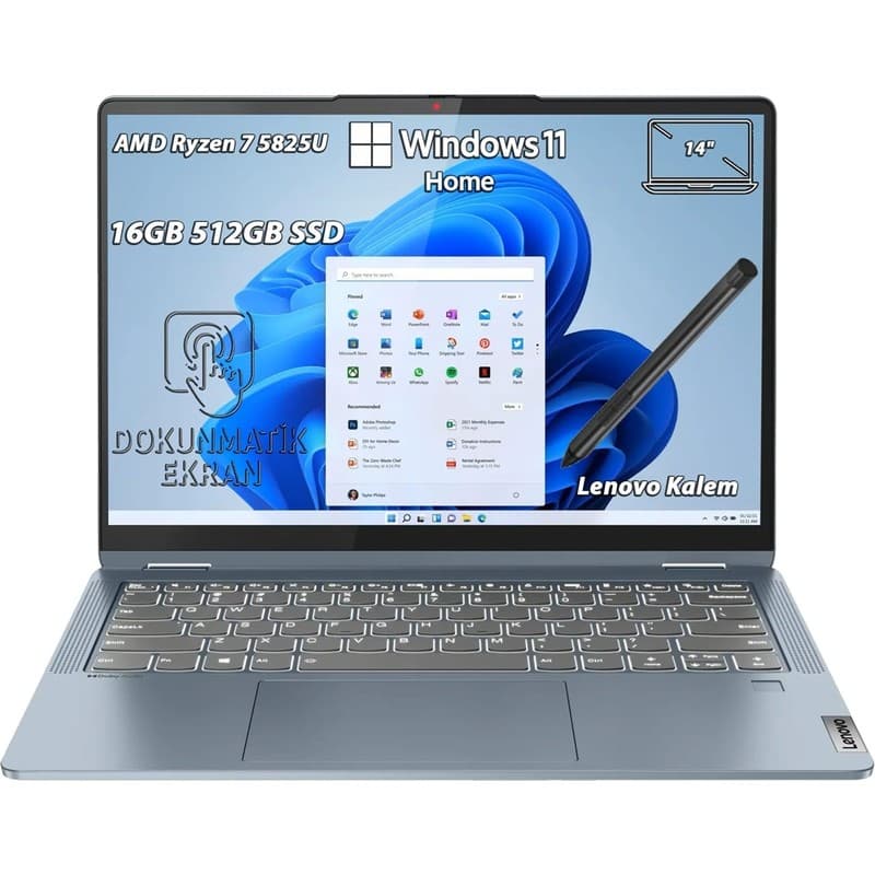 Lenovo IdeaPad Flex 5 14ABR8 AMD Ryzen 7 5825U 16GB 512GB SSD Windows 11 Home 14" Taşınabilir Bilgisayar 82XX00FKTX - En Uygun Fiyatlarla Piinti'de