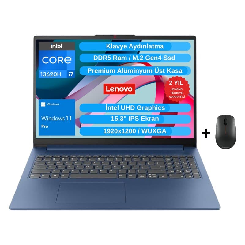 Lenovo Ideapad Slim 3 15IRH10 I7-13620H 16GB 1tb SSD 15.3" Wuxga IPS Windows 11 Pro Dizüstü Bilgisayar 83K10061TR - Lenovo Mouse Wz2 - En Uygun Fiyatlarla Piinti'de