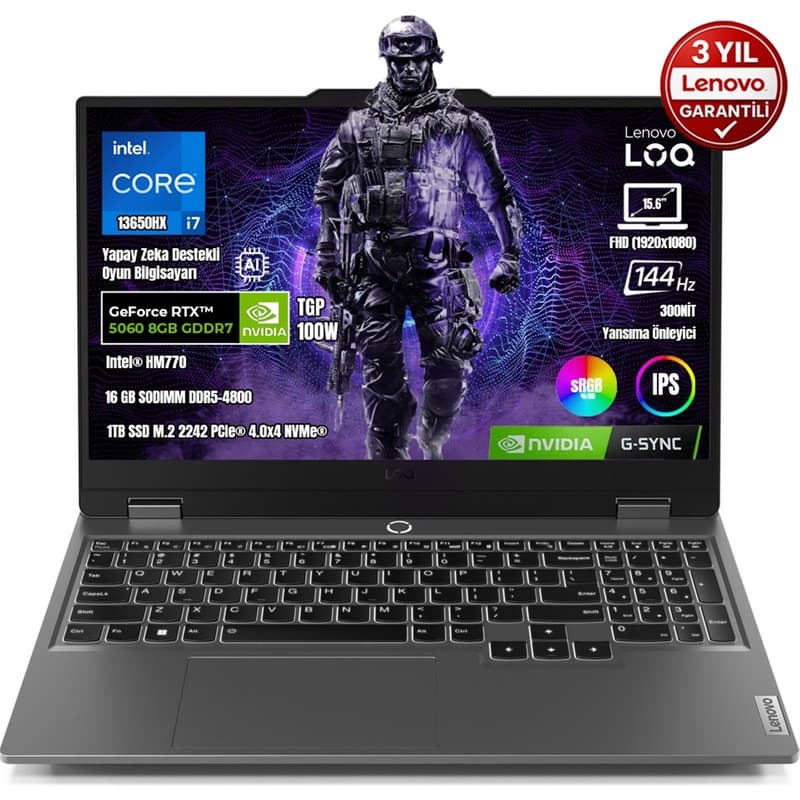 Lenovo Loq 15IRX10 83JE00JQTR I7-13650HX 16GB Ddr5 1tb SSD RTX5060 8gb Tgp 100W 15.6" IPS 144Hz Freedos Taşınabilir Bilgisayar - Piinti Fiyat Karşılaştırması