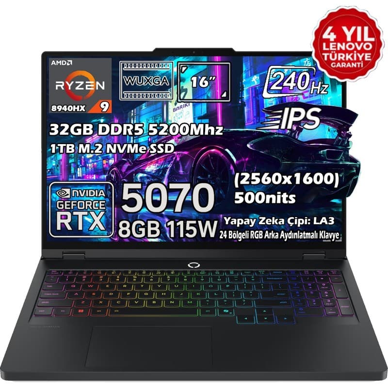 Lenovo Legion Pro 5 16ADR10 AMD Ryzen 9 8940HX 32GB 1TB SSD RTX 5070 8GB 16" WQXGA (2560X1600) IPS Panel 240Hz 115W Freedos Taşınabilir Dizüstü Bilgisayar 83LT0046TR - Piinti Fiyat Karşılaştırması