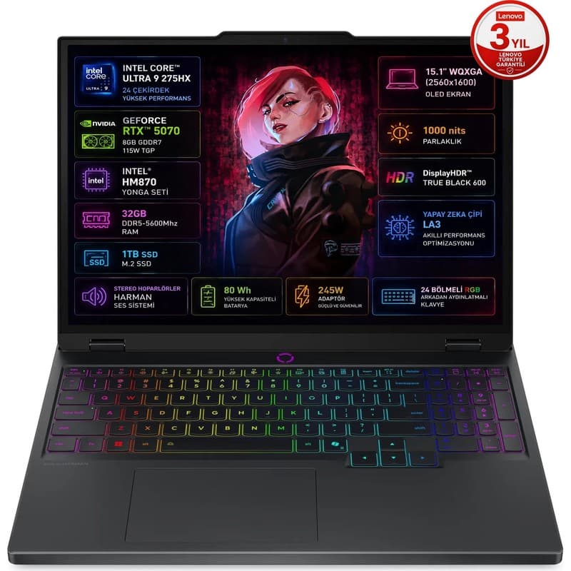 Lenovo Legion 5 15IAX10 Intel Core Ultra 9 275HX 32GB 1TB SSD RTX 5070 8GB (115W) 15.1" 2K WQXGA (2560x1600) OLED 165Hz Freedos Gaming Taşınabilir Bilgisayar 83F00024TR - En Uygun Fiyatlarla Piinti'de