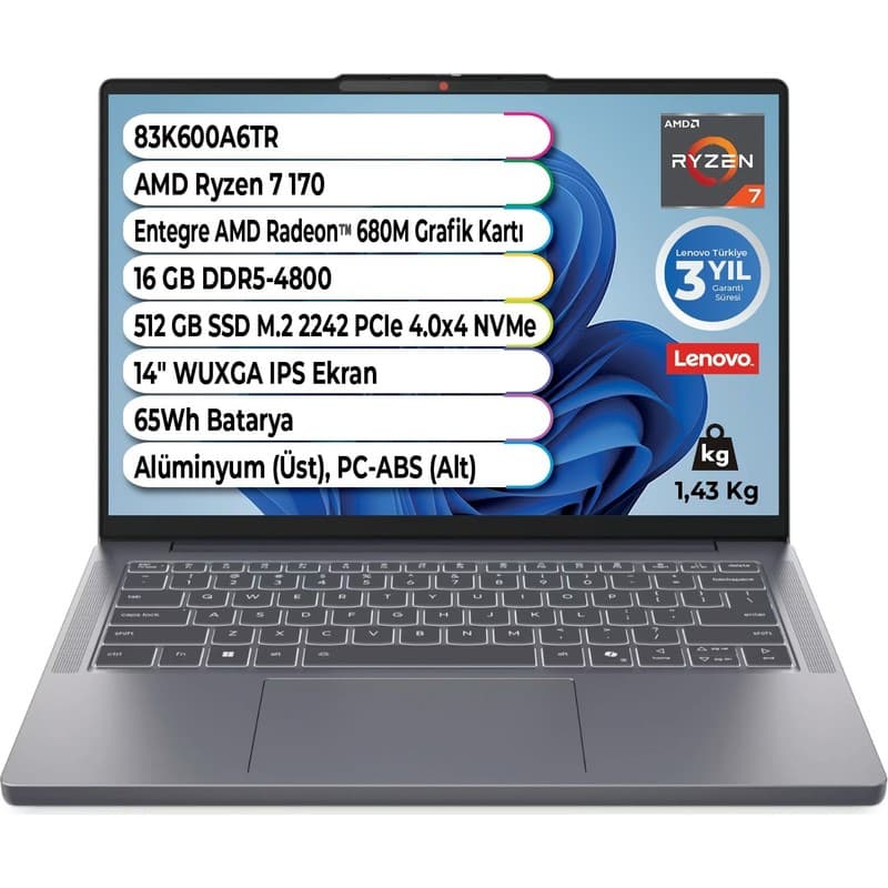 Lenovo Ideapad Slim 3 Amd Ryzen 7 170 Cpu 16 GB 512 GB Amd Radeon 680 M 14 Inç Wuxga IPS 83K600A6TR - En Uygun Fiyatlarla Piinti'de