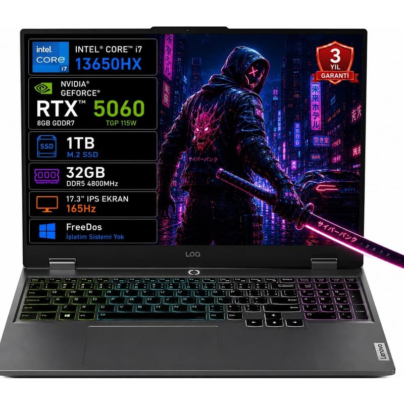Lenovo Loq 17IRX10 83JH00CKTR I7-13650HX 32GB 1tb SSD RTX5060 8gb Tgp 115W 17.3" IPS 165Hz Freedos Taşınabilir Bilgisayar - En Uygun Fiyatlarla Piinti'de