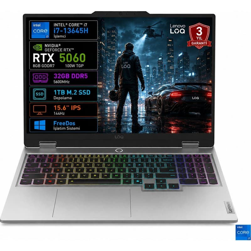 Lenovo Loq 15IRX10 83JE01BETR-02 I7-13645HX 32GB 1tb SSD RTX5060 8gb Tgp 100W 15.6" IPS 144Hz Freedos Taşınabilir Bilgisayar - En Uygun Fiyatlarla Piinti'de