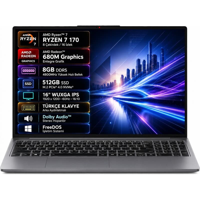 Lenovo Ideapad Slim 3 16ARP10 83K800DKTR Amd Ryzen 7-170 8gb 512GB SSD 16" IPS Freedos Taşınabilir Bilgisayar - En Uygun Fiyatlarla Piinti'de
