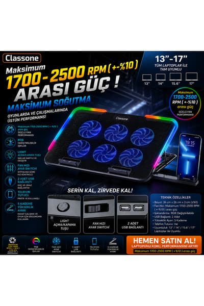 Gaming M60 Laptop Soğutucu 2500 RPM , RGB ,Telefon Standı, 15.6 - 17 inch Uyumlu - Piinti Fiyat Karşılaştırması