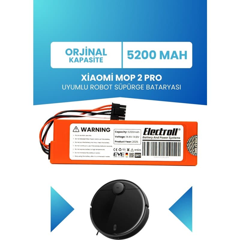 Electroll Xiaomi Mop 2 Pro Batarya Mjst1shw (ORJİNAL KAPASİTE) 5200mah Robot Süpürge Batarya - Piinti Fiyat Karşılaştırması