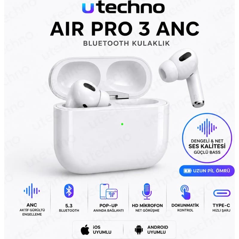 Air Pro 3 Anc Gürültü Engelleyici 2026 Yeni Nesil Kablosuz Bluetooth Kulaklık Dokunmatik Kontrol Ios Android Tüm Telefonlar ile Uyumlu Kulaklık Utechno - Piinti Fiyat Karşılaştırması